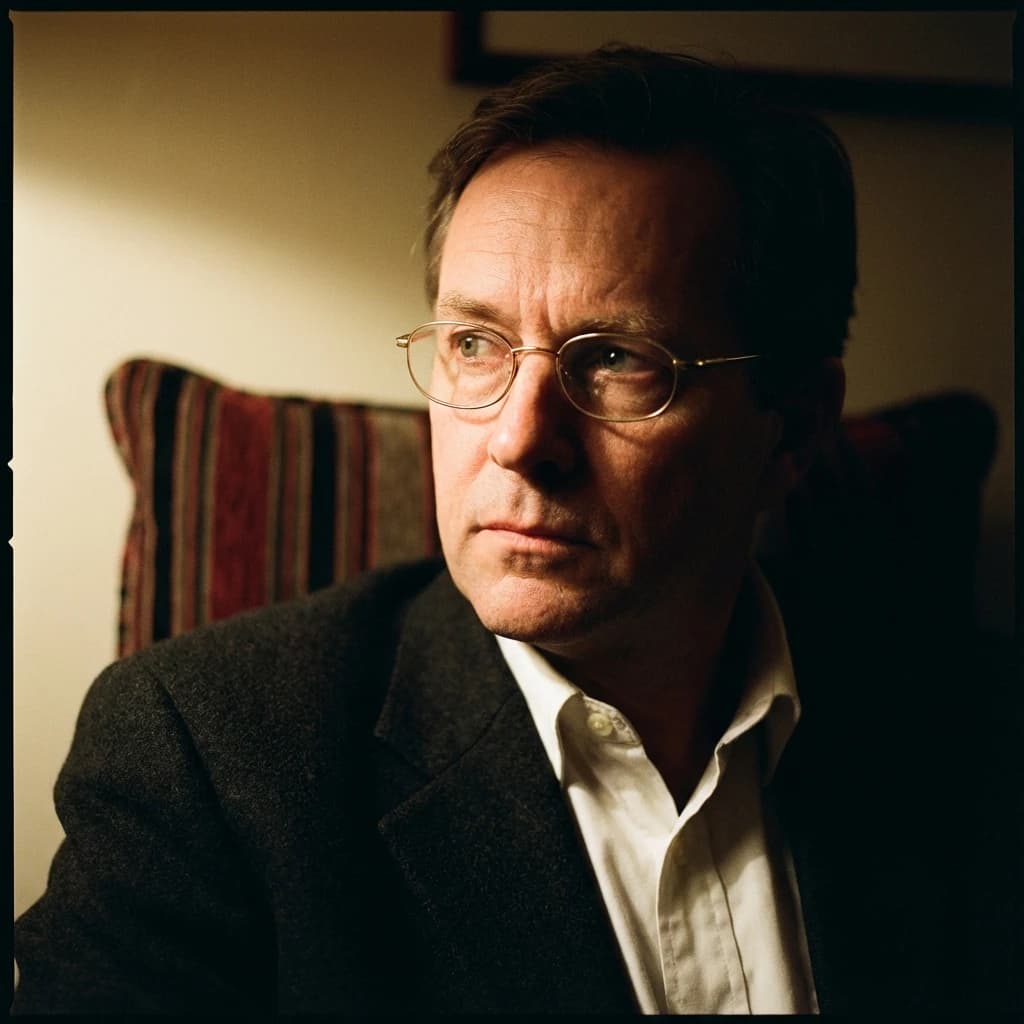 A sharply lit portrait of a middle-aged man wearing thin-rimmed glasses and a dark jacket over a white collared shirt. He gazes intently to the side, his face half illuminated by warm light while the background recedes into deep shadow. The expression is thoughtful, almost wary, as if caught mid-conversation. Behind him, a striped cushion in muted reds and blacks adds subtle texture, contrasting with the crisp highlights on his forehead and glasses. The overall mood is contemplative and cinematic, balancing warmth with tension.