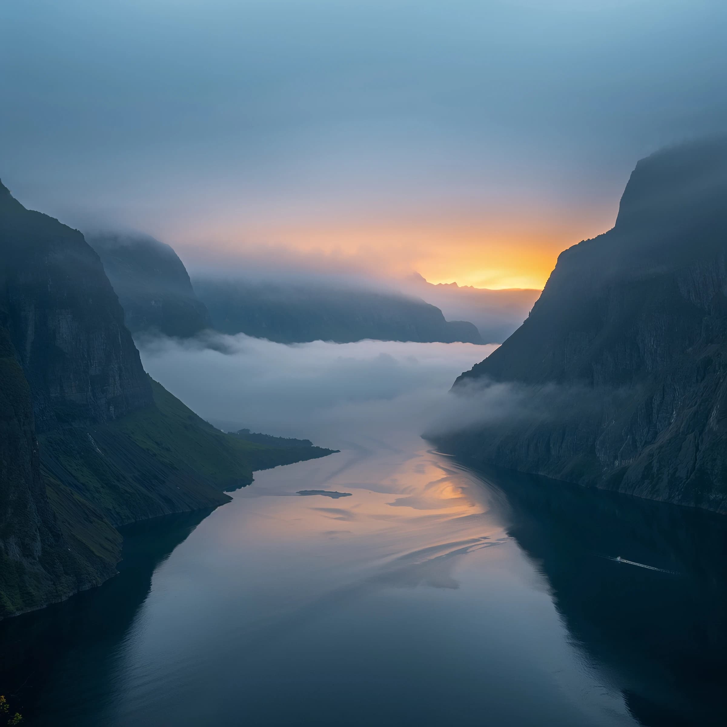 Frame a foggy fjord at sunrise, cliffs looming.