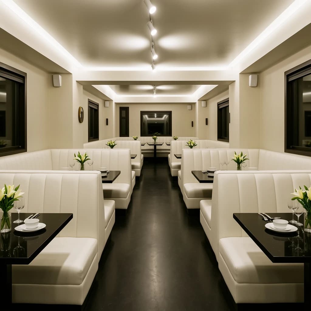 The place is almost empty. The banquettes are covered in white leather, the tables black granite, and the entire room is bathed in halogen track lighting that seems too bright. The maître d’ wears a double-breasted wool crepe jacket. There are lilies on every table.