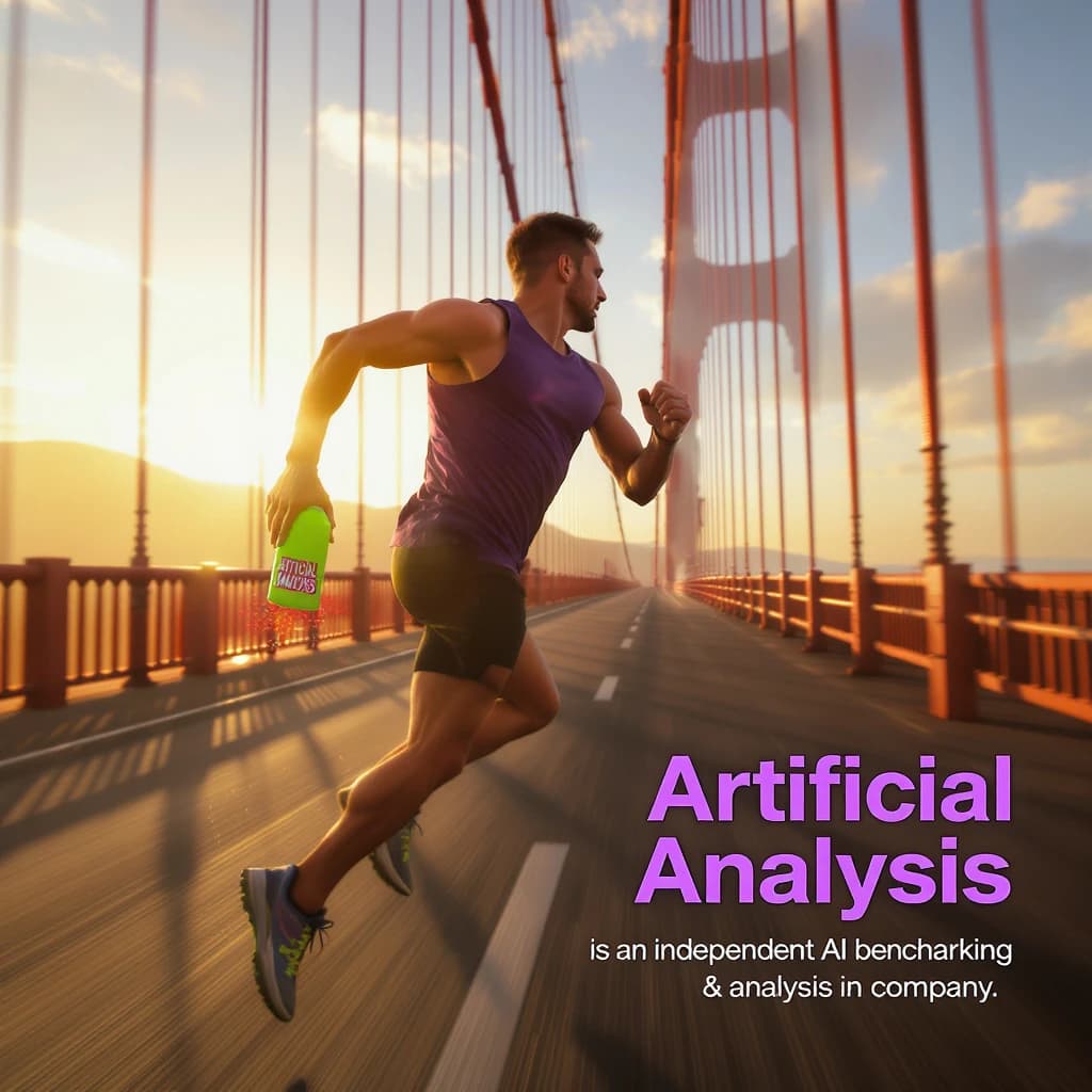 A runner dashes across the Golden Gate Bridge at dawn, sunlight streaming between cables. In their hand, they carry a neon-green sports drink with the brand name Artificial Analysis splashed boldly across the bottle. Motion blur emphasizes speed, while crisp purple sans serif typography overlays the bottom right of the scene with the tagline: Artificial Analysis is an independent AI benchmarking & analysis company