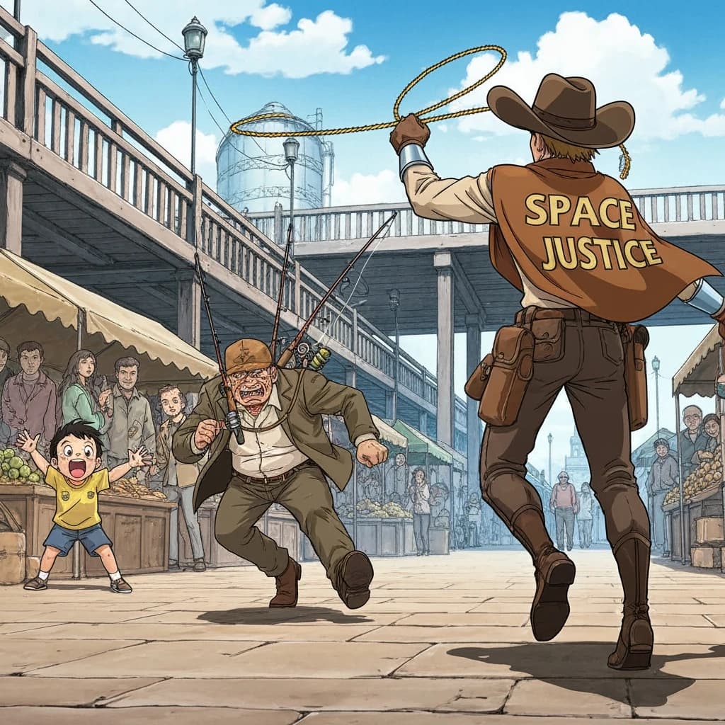 The space cowboy chases the deranged fisherman underneath the causeway, eager to collect on his bounty. Fishing rods and lines hang off the back off the fishermen as he darts between the bustling market crowd. We see the back of the space cowboy in his space poncho emblazoned with the words SPACE JUSTICE, spinning his lasso over his head. A child on the sidelines excitedly cheers the cowboy. 1990s hand drawn anime style with strong fluidity