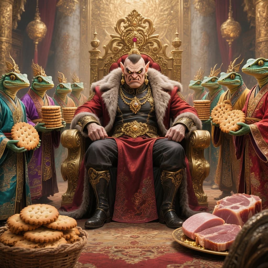 Big Weasel, the tyrannical ruler of the Levitus, slouches on his throne, his mood foul but somewhat brightened by the sight of gifts - a wearisome group of lizard traders adorned in fine silks proceed toward him through the hall with their annual tribute of biscuits, ham and gold - Big Weasel's favourites. Big Weasel's entourage looks on with stern approval.