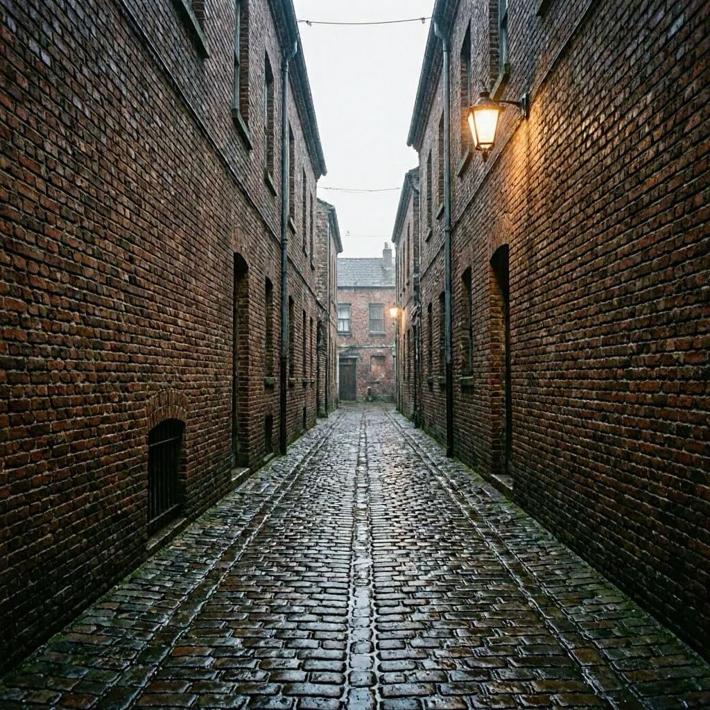 Show a narrow brick alley with wet cobblestones.