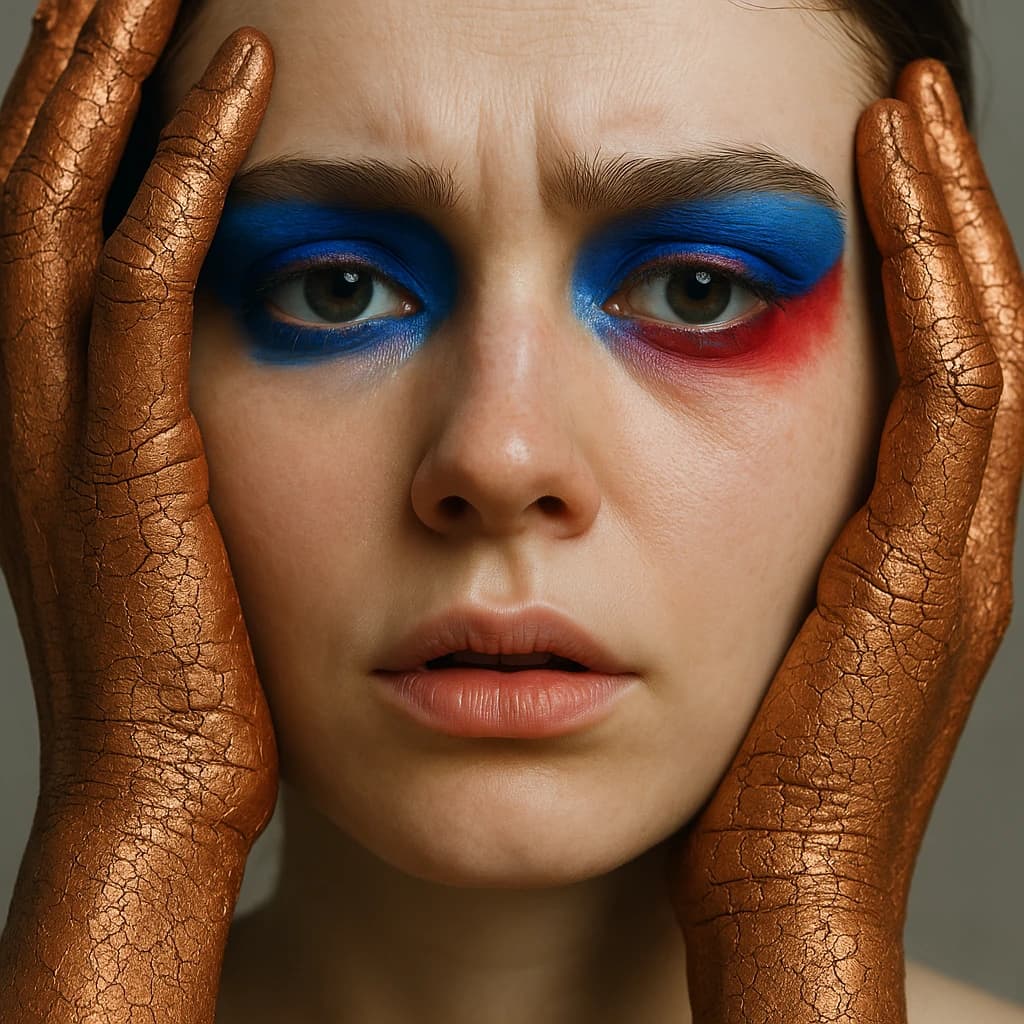 A striking close-up portrait of a woman with cracked metallic copper-painted hands framing her face. Her vivid blue and red eye makeup contrasts sharply with the smooth, pale skin and muted background, creating a bold, surreal composition. She displays an air of uncertainty about her
