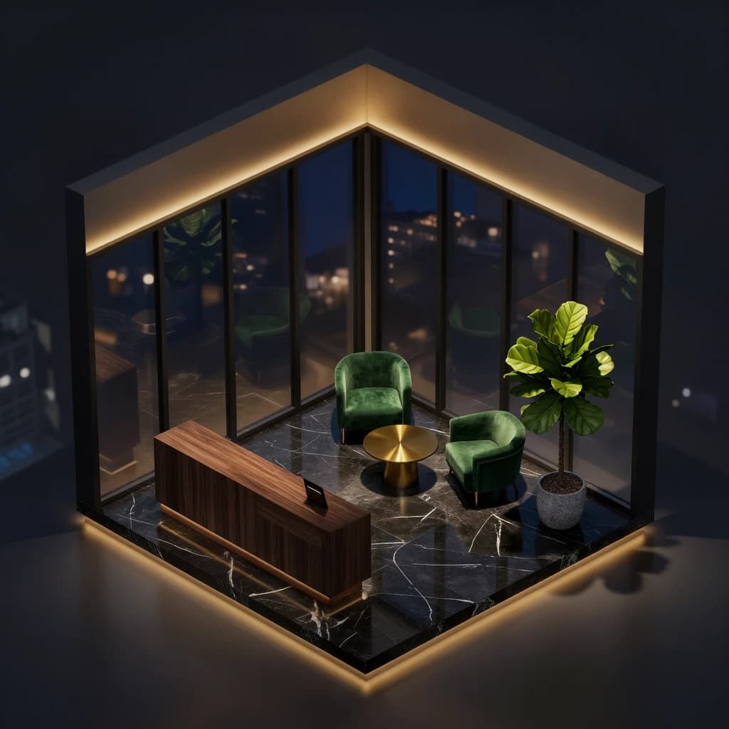 Isometric 3D lobby, glass walls, warm lights, slightly moody, soft shadows.
