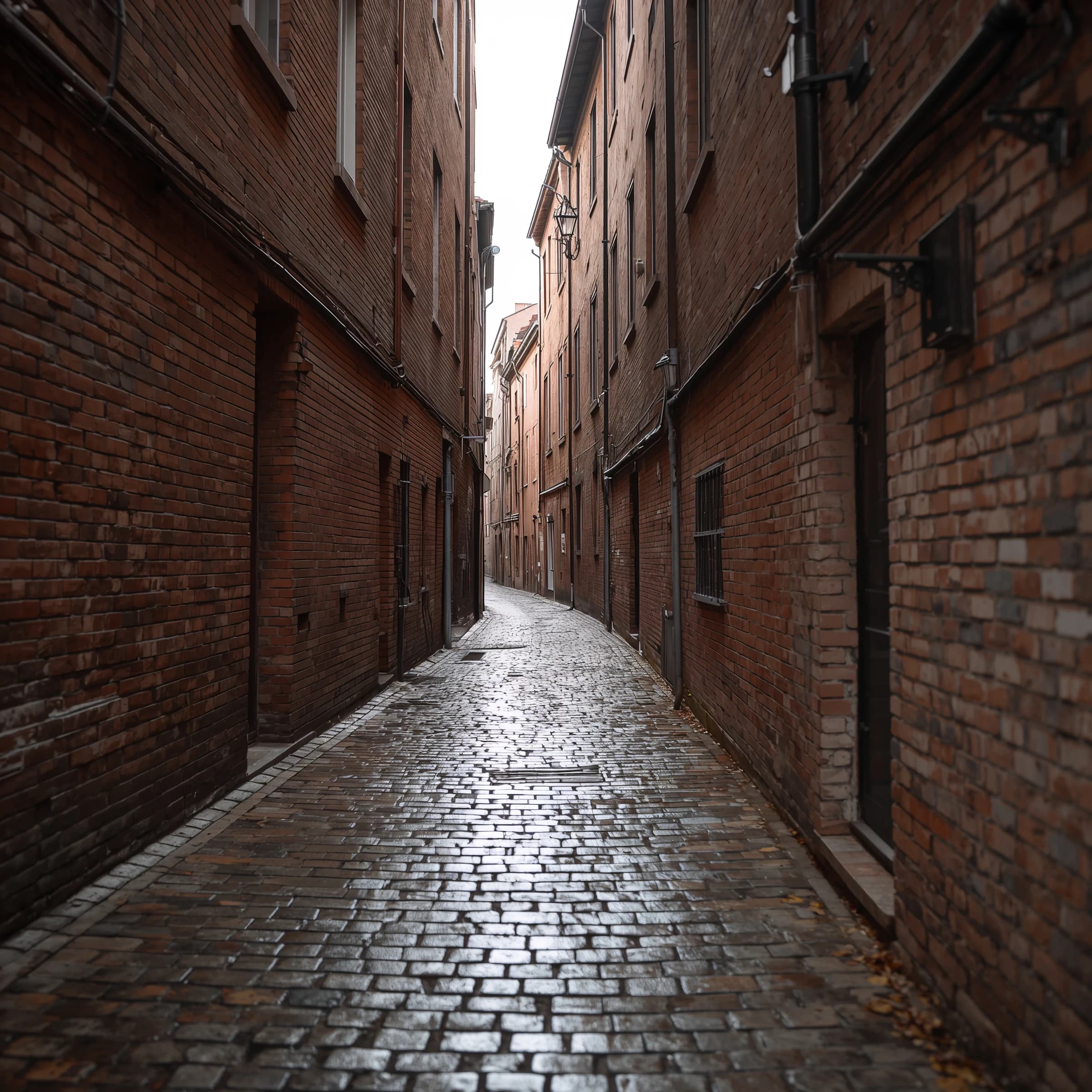 Show a narrow brick alley with wet cobblestones.
