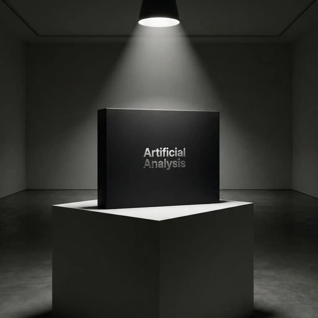 A premium matte black laptop-sized box rests on a pure white pedestal within a gallery space. Overhead, a single spotlight carves sharp contrast, leaving the edges in deep shadow. The brand name Artificial Analysis is embossed in silver foil, glinting faintly as though it were jewelry.