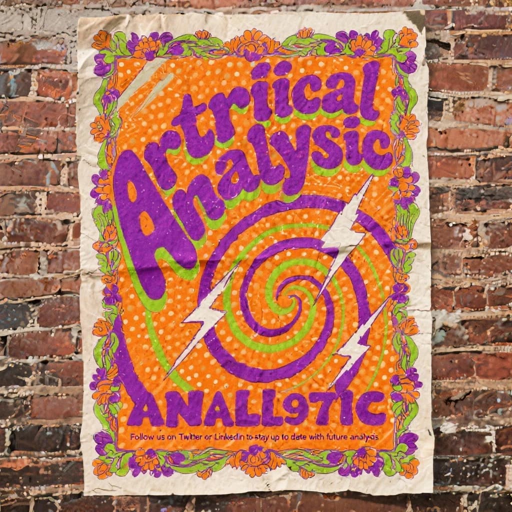 A portrait layout psychedelic concert poster from 1972 bathed in saturated oranges, deep purples, and acid greens. Swirling, hand-drawn typography arcs across the top, spelling out Artificial Analysis in bold, distorted letters that melt into spirals. Surrounded by radiating concentric circles and lightning-bolt motifs. The background is textured with halftone dots and faded paper creases, evoking a well-worn poster taped to a brick wall. Ornate floral borders frame the design, while the bottom features blocky retro lettering listing “Follow us on Twitter or LinkedIn to stay up to date with future analysis” in smaller text. 