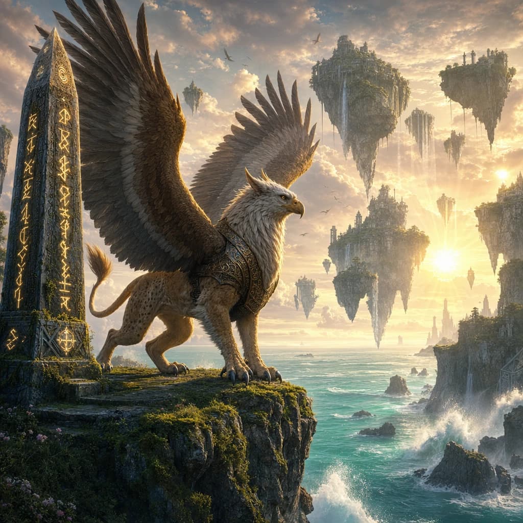 At dawn, a winged griffin lands on a mossy cliff above a jade sea beside a runed obelisk; floating isles drift under golden sunbeams, with a bit of sea spray and glowing runes.