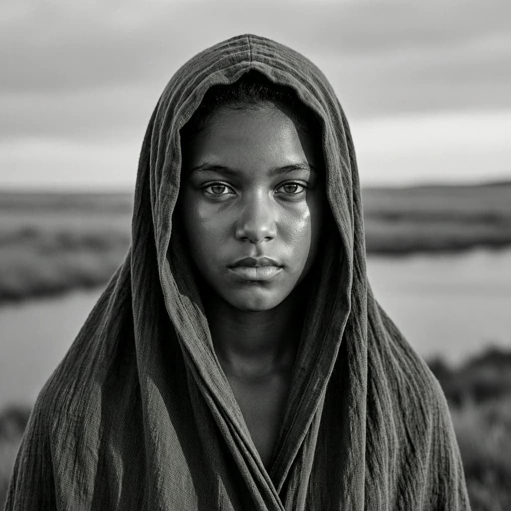 A dramatic black-and-white portrait of a young person draped in a hooded garment, their face framed by the hood's dark folds. Their skin tone and the subtle sheen on their cheeks create striking tonal contrast against the deep shadows. Their eyes are piercing, looking directly into the lens with a calm, steady intensity—neither confrontational nor submissive, but deeply present. The texture of the fabric is visible: it's dense, slightly weathered, and whisper-thin creases catch the light. In the background, an expansive, out-of-focus landscape suggests open space—perhaps distant plains or water—though the details remain soft and abstract. The overall mood is silent yet powerful, poised between vulnerability and resilience, with every highlight and shadow telling part of their story.