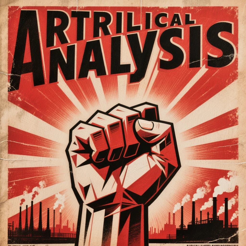 A propaganda poster in stark red, black, and beige. A clenched fist rises in the foreground, rendered with sharp geometric blocks. Behind it, radiating lines stretch upward toward a stylized sun. At the top, bold sans-serif lettering in Cyrillic-inspired type spells out Artificial Analysis, tilted at an angle for emphasis. A factory skyline silhouettes the bottom edge, smoke stacks rising into the background. The texture is rough, printed on aged paper with visible creases and ink bleed. Designed in the constructivist Soviet poster style.