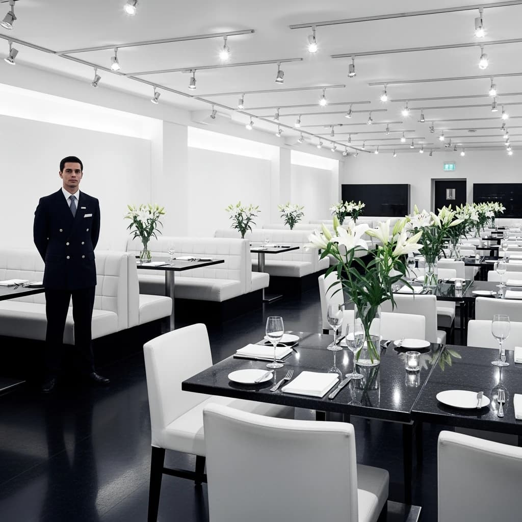 The place is almost empty. The banquettes are covered in white leather, the tables black granite, and the entire room is bathed in halogen track lighting that seems too bright. The maître d’ wears a double-breasted wool crepe jacket. There are lilies on every table.