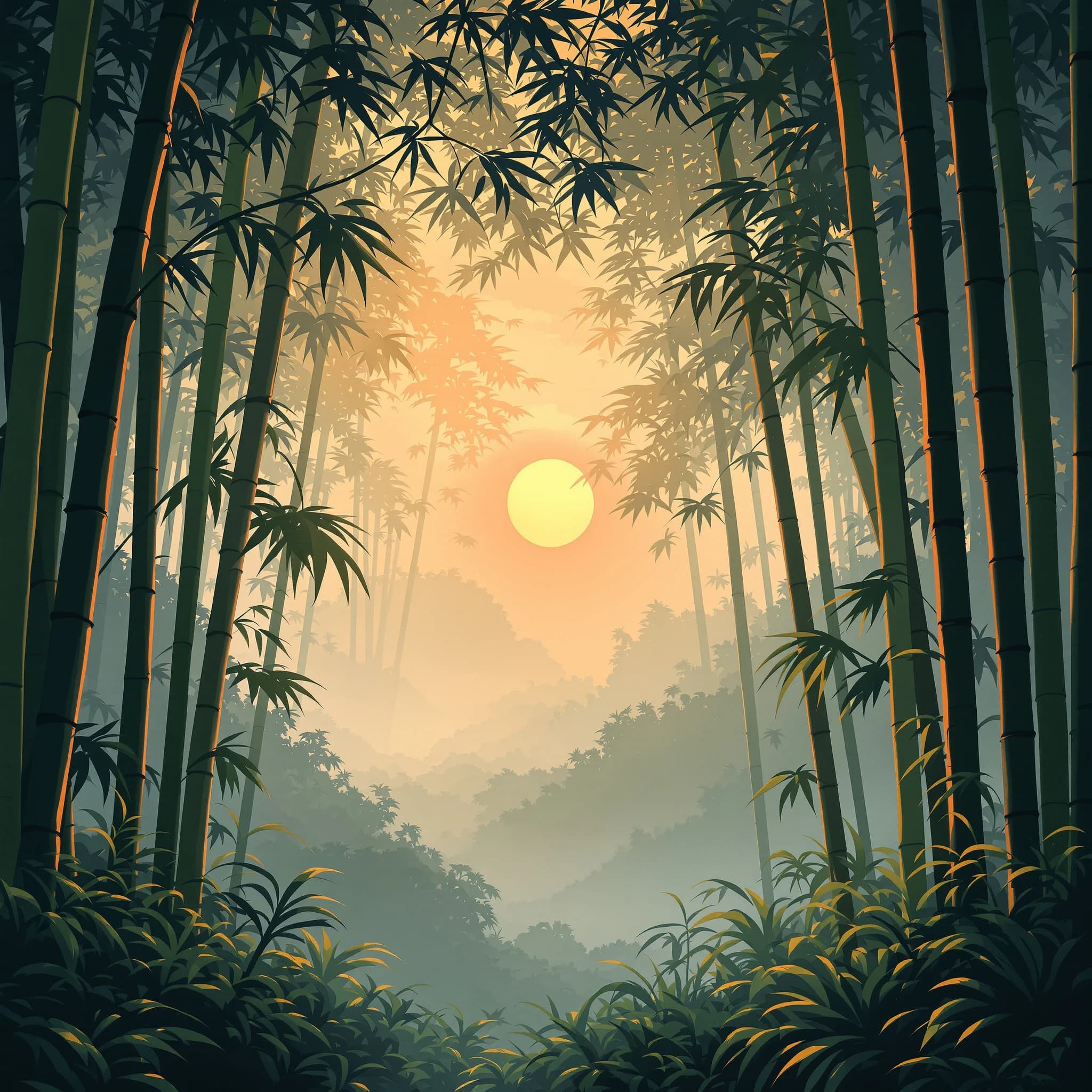 Give me a misty bamboo forest at sunrise, bold outlines, slightly cel-shaded.
