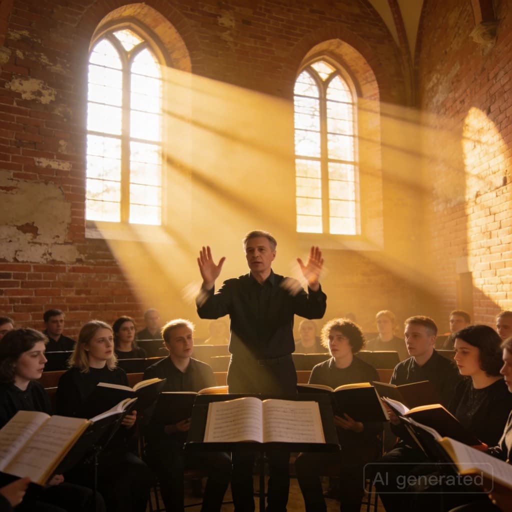 A choir rehearses in a brick hall as somewhat dramatic morning light falls through high windows, with a patient conductor mid-gesture, open scores, intent faces, slight motion blur.