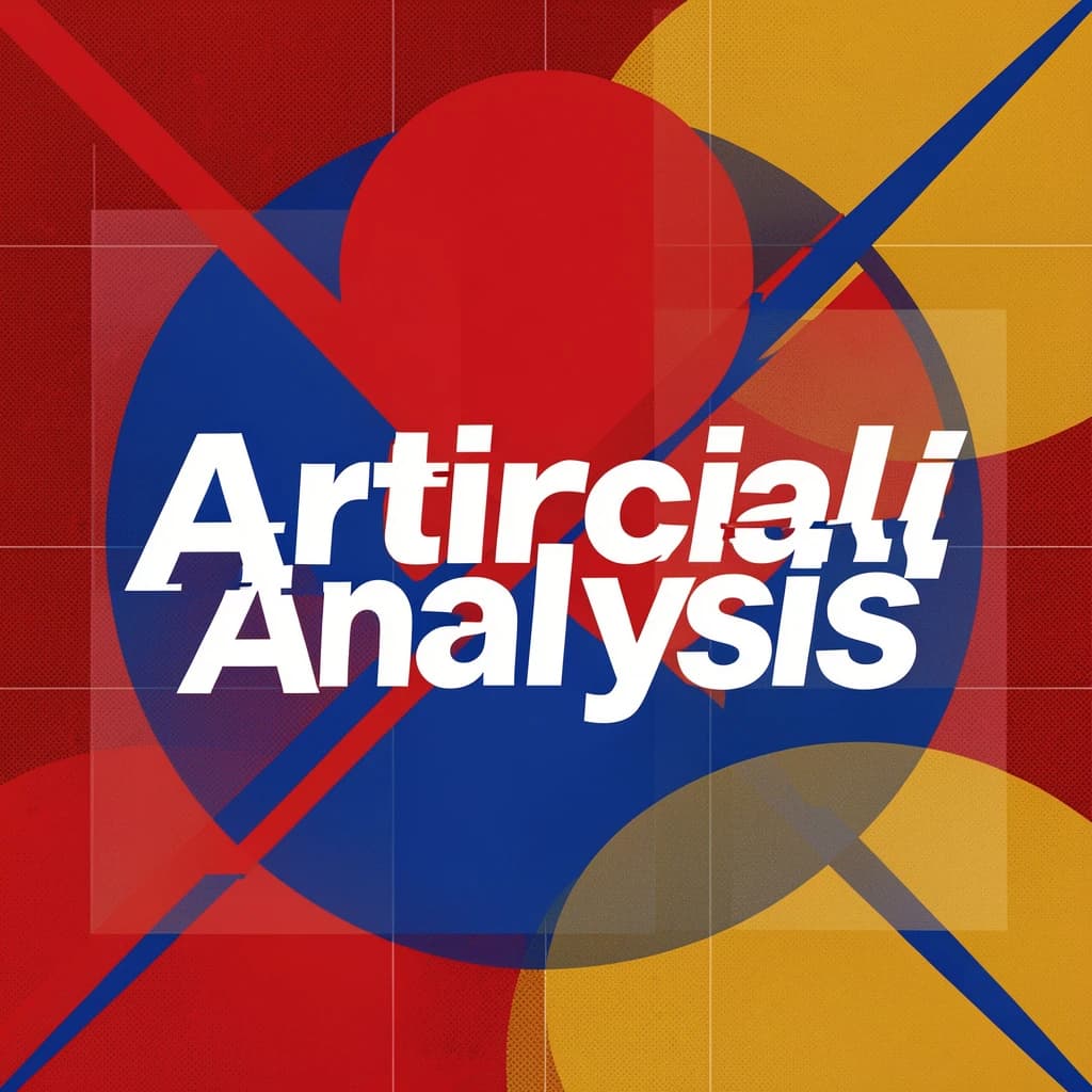 A bold poster composition dominated by flat geometric shapes in crimson, cobalt, and ochre. Overlapping circles and sharp diagonal lines create dynamic tension across the frame. A single sans-serif word — Artificial Analysis — stretches across the center in stark white, distorted slightly as though caught mid-glitch. The background is textured with halftone dots and faint grid lines, while subtle overlays of translucent rectangles suggest depth. Designed in the spirit of modernist Swiss typography fused with digital glitch aesthetics.
