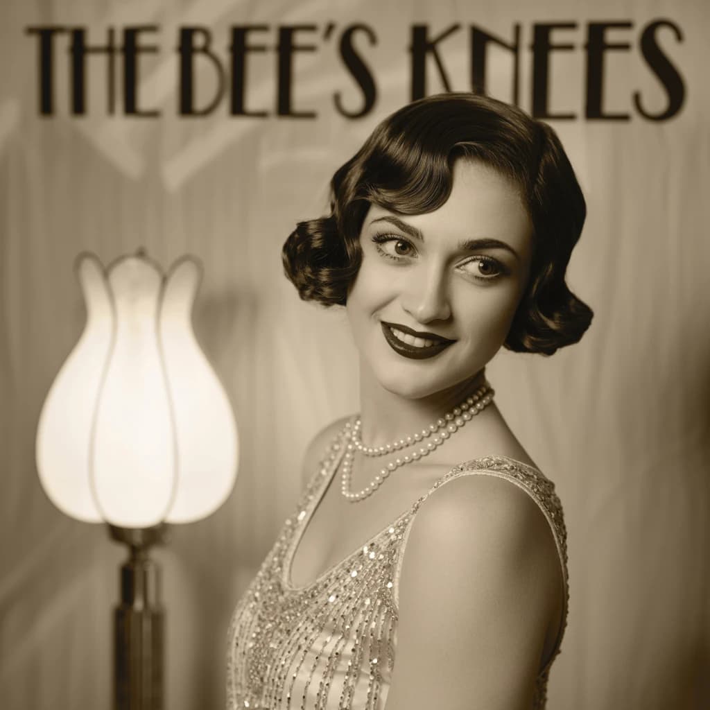 Sepia-toned studio portrait of a flapper with pearl necklace, soft grain.