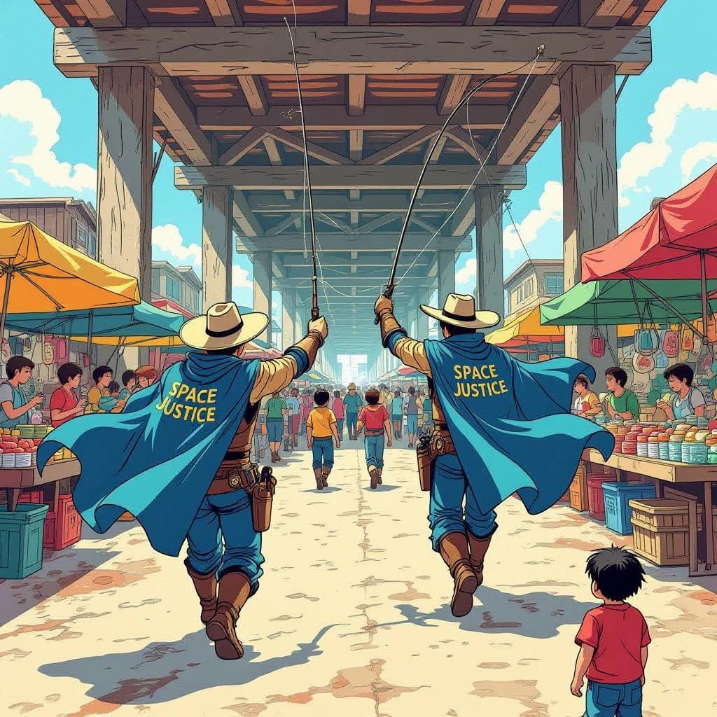 The space cowboy chases the deranged fisherman underneath the causeway, eager to collect on his bounty. Fishing rods and lines hang off the back off the fishermen as he darts between the bustling market crowd. We see the back of the space cowboy in his space poncho emblazoned with the words SPACE JUSTICE, spinning his lasso over his head. A child on the sidelines excitedly cheers the cowboy. 1990s hand drawn anime style with strong fluidity