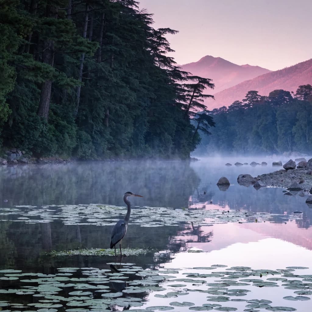 With pre-dawn mist along a cedar forest river and glassy water dotted with lily pads, distant mountains blush pink, and a heron stands still like it forgot what to do next.