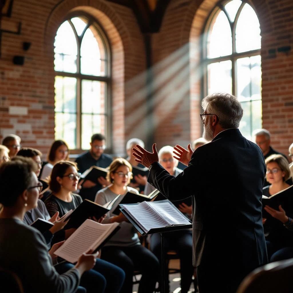 A choir rehearses in a brick hall as somewhat dramatic morning light falls through high windows, with a patient conductor mid-gesture, open scores, intent faces, slight motion blur.