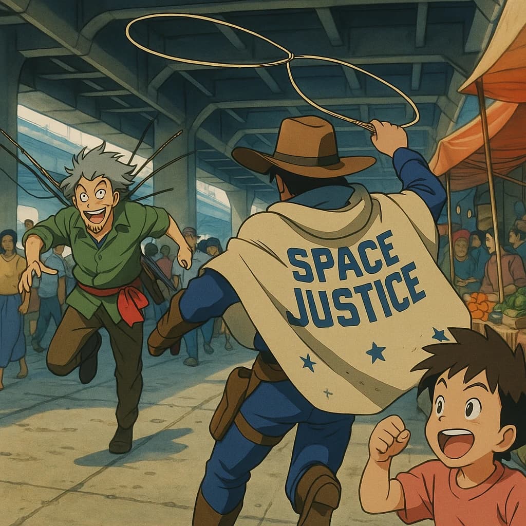 The space cowboy chases the deranged fisherman underneath the causeway, eager to collect on his bounty. Fishing rods and lines hang off the back off the fishermen as he darts between the bustling market crowd. We see the back of the space cowboy in his space poncho emblazoned with the words SPACE JUSTICE, spinning his lasso over his head. A child on the sidelines excitedly cheers the cowboy. 1990s hand drawn anime style with strong fluidity