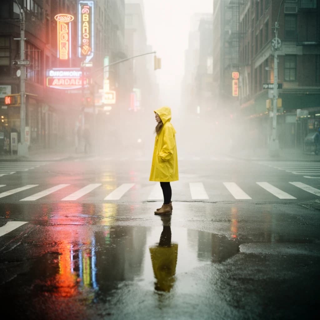 A sunlit city street after rain; puddles mirror neon signs as a woman in a yellow raincoat waits at a crosswalk, soft mist, 50mm look, natural tones, a bit of film grain.