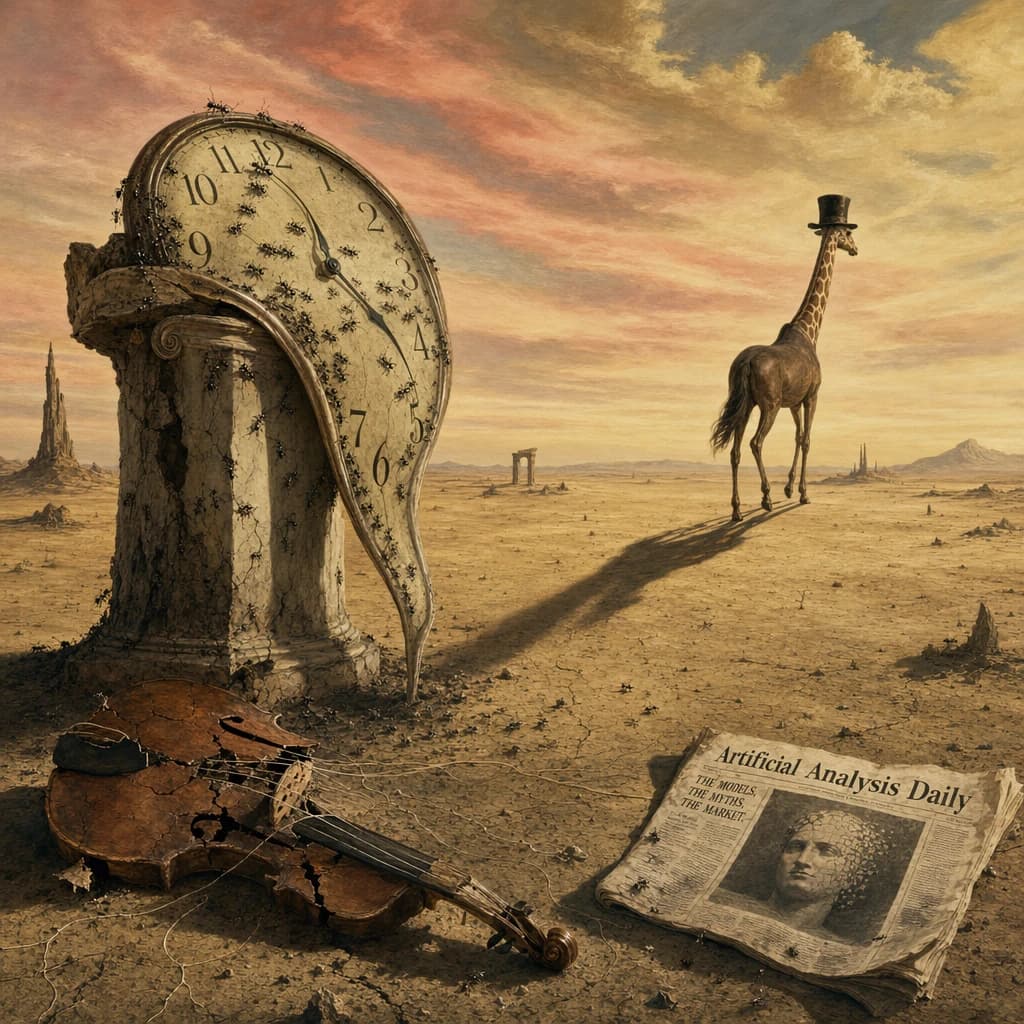 A vast desert plain stretches endlessly under a sky streaked with pale pink and ochre clouds. In the center stands a colossal clock, its face drooping and melting over the edge of a broken marble column. Ants swarm across its warped surface, glinting in the harsh sunlight. To the right, a horse with a giraffe like neck wearing a top hat strides toward the horizon, its shadow stretching miles across the sand. A cracked violin lies half-buried in the foreground, strings snapping outward like veins. Painted in the dreamlike surrealist style. A newspaper named the "Artificial Analysis Daily" lies on the Floor.