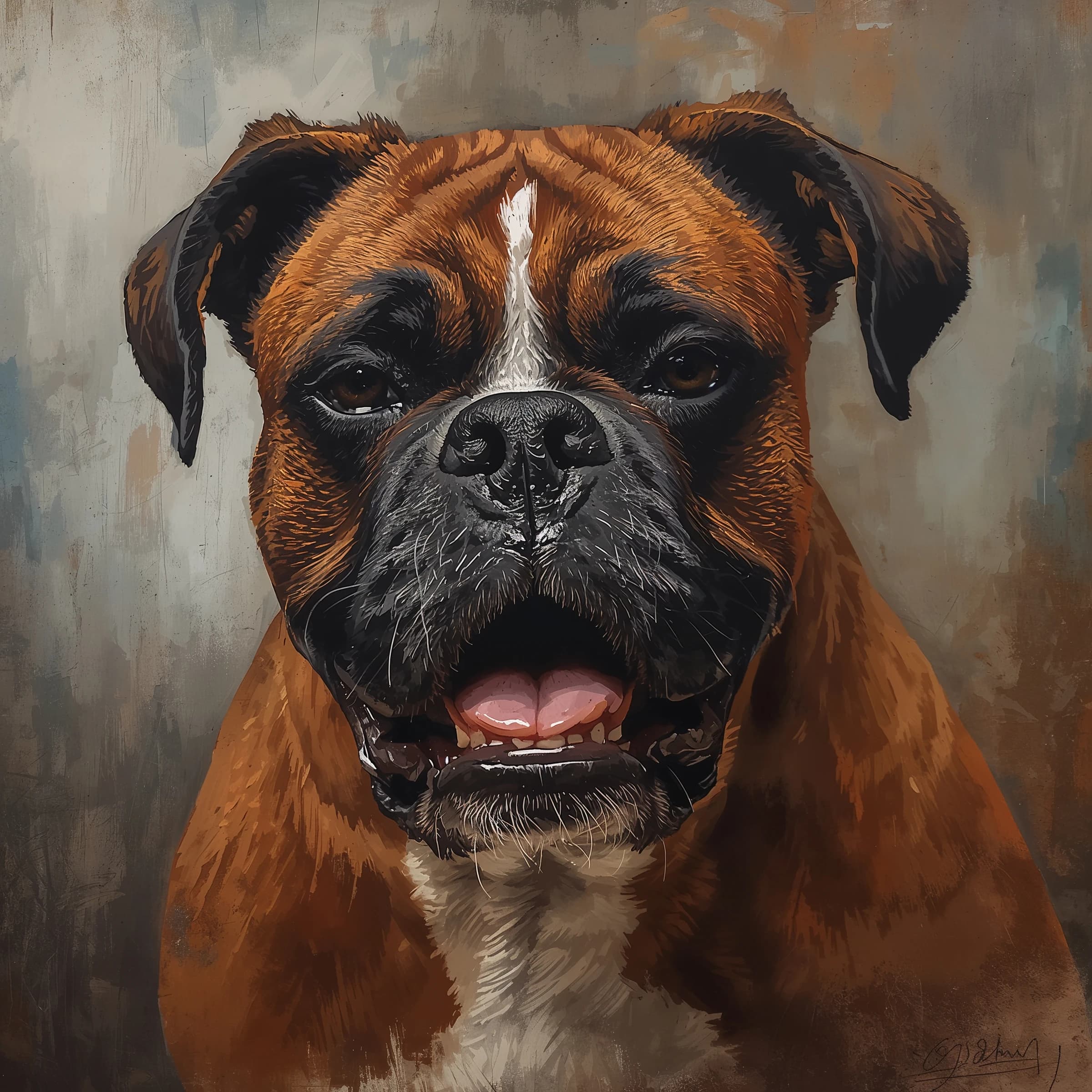 Paint a bruised boxer smiling, serious expression.