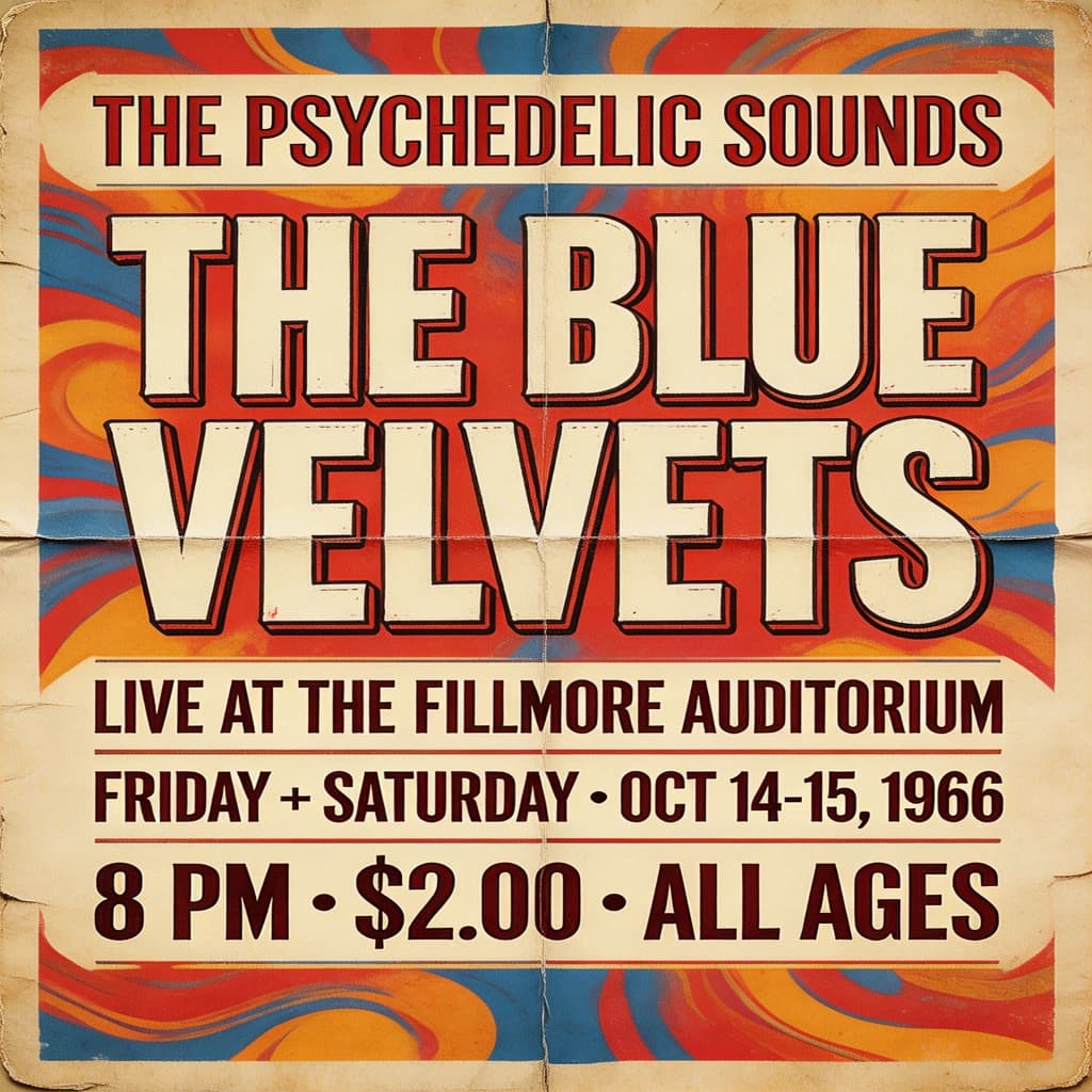 Make a 1960s concert poster featuring bold wood type, misaligned ink, creases.