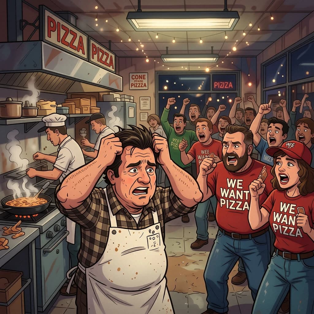 Pasquale is pulling his few remaining hairs out over a disaster at the pizzeria - the cooks are working as fast as they can but the crowds outside are swelling and they demand hot hot pizza! They are banging on the glass and some are wearing "we want pizza" shirts. 1980s western TV animation style.