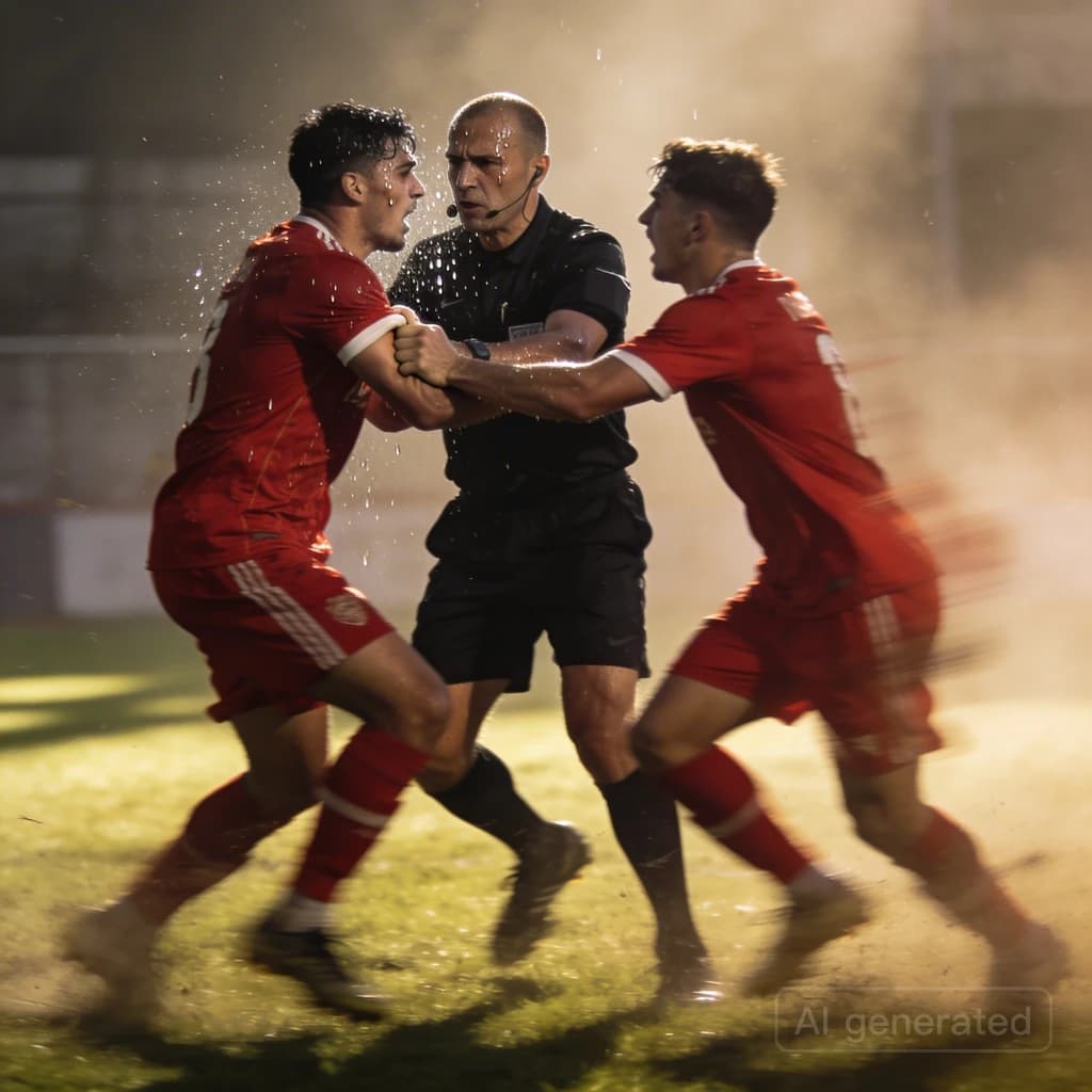 The soccer player clashes with the ref. It is thick and humid and the heat is getting to the players. His friend tries to pull him off before he causes any more trouble.