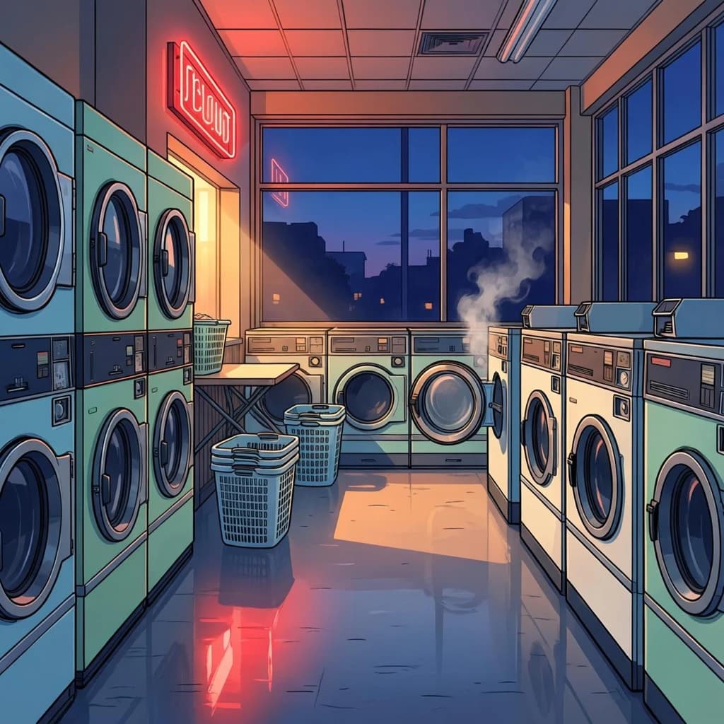 A cozy laundromat at dusk, neon humming, flat colors, bold inked lines.
