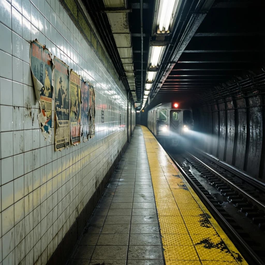 A subterranean subway platform with glossy tiles, peeling posters, flickering fluorescent lights, yellow safety line, and a distant train coming; slightly damp, echoes carry.