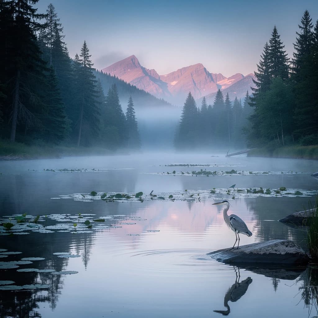 With pre-dawn mist along a cedar forest river and glassy water dotted with lily pads, distant mountains blush pink, and a heron stands still like it forgot what to do next.