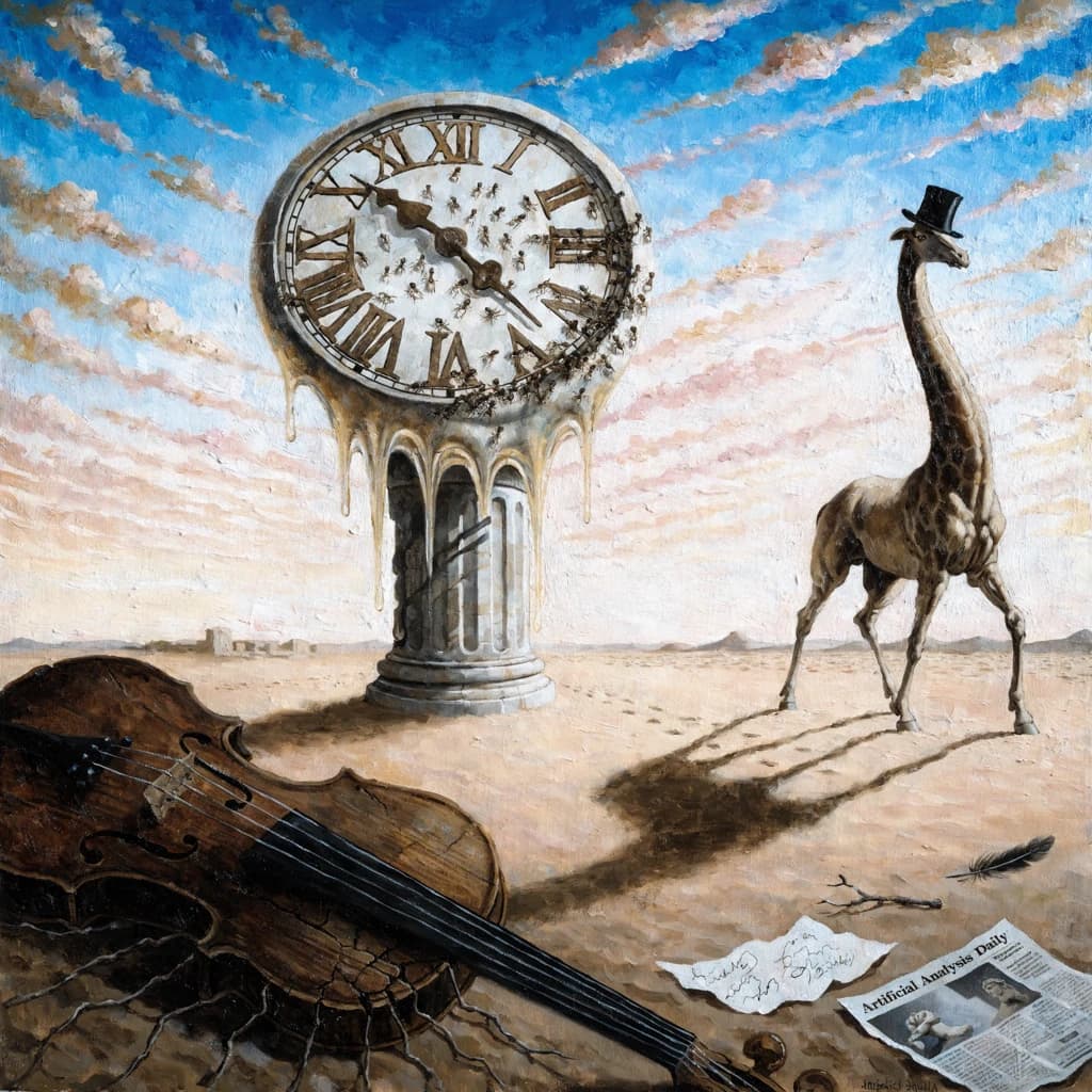 A vast desert plain stretches endlessly under a sky streaked with pale pink and ochre clouds. In the center stands a colossal clock, its face drooping and melting over the edge of a broken marble column. Ants swarm across its warped surface, glinting in the harsh sunlight. To the right, a horse with a giraffe like neck wearing a top hat strides toward the horizon, its shadow stretching miles across the sand. A cracked violin lies half-buried in the foreground, strings snapping outward like veins. Painted in the dreamlike surrealist style. A newspaper named the "Artificial Analysis Daily" lies on the Floor.