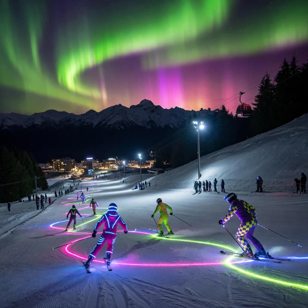 Coronet Peak Night Skiing: Skiers in colorful LED suits carve their way down the slopes of New Zealand's Coronet Peak under the Aurora Borealis, the skiers' light trails visible behind them