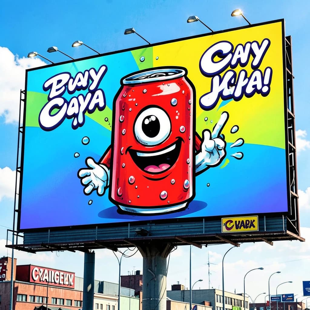 Design a bright soda billboard ad with a bubbly can mascot, thick inky lines.