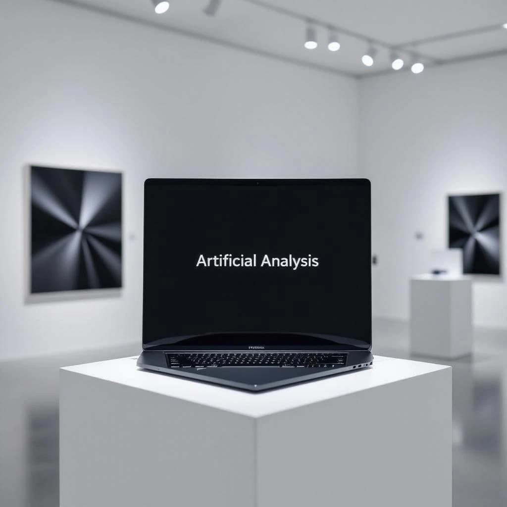 A premium matte black laptop-sized box rests on a pure white pedestal within a gallery space. Overhead, a single spotlight carves sharp contrast, leaving the edges in deep shadow. The brand name Artificial Analysis is embossed in silver foil, glinting faintly as though it were jewelry.