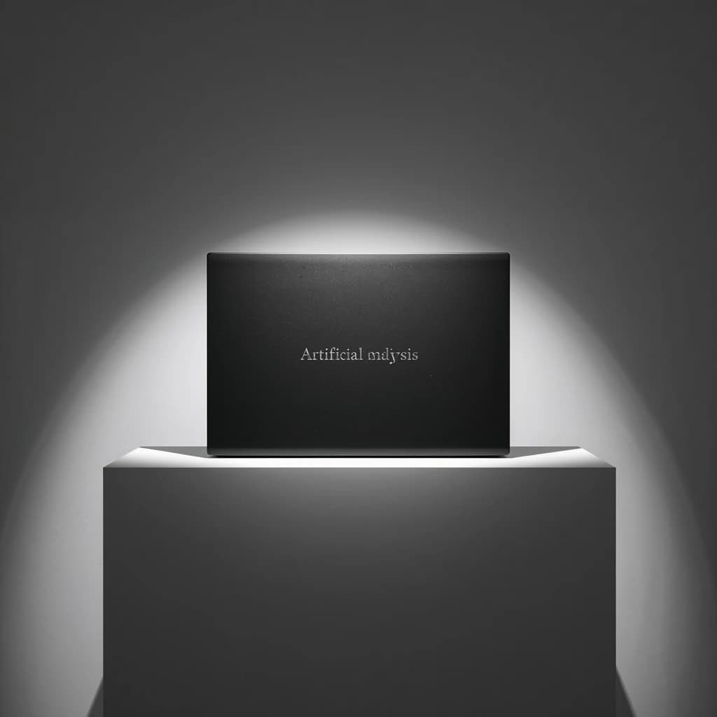A premium matte black laptop-sized box rests on a pure white pedestal within a gallery space. Overhead, a single spotlight carves sharp contrast, leaving the edges in deep shadow. The brand name Artificial Analysis is embossed in silver foil, glinting faintly as though it were jewelry.