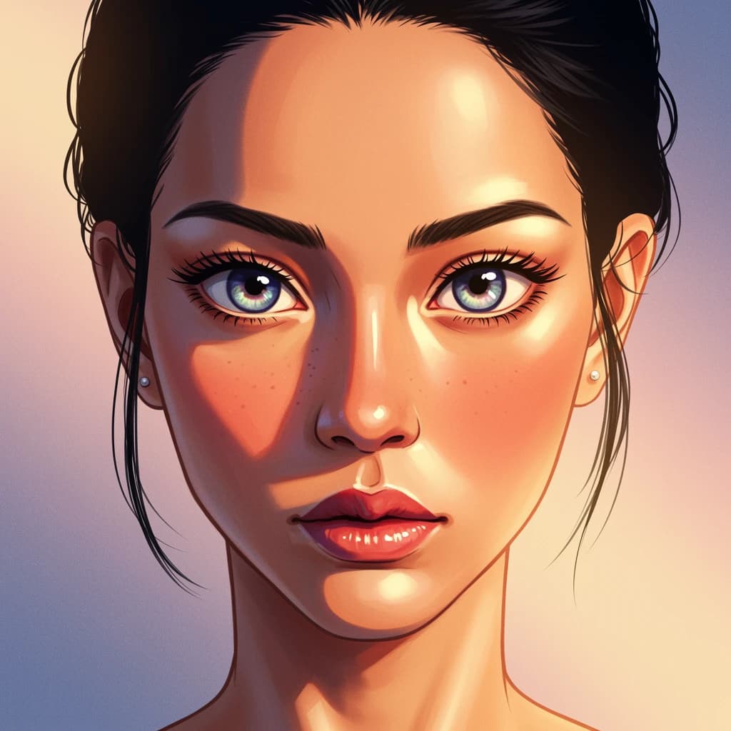 Show a cel-shaded portrait of an adult woman, big eyes, soft rim light.