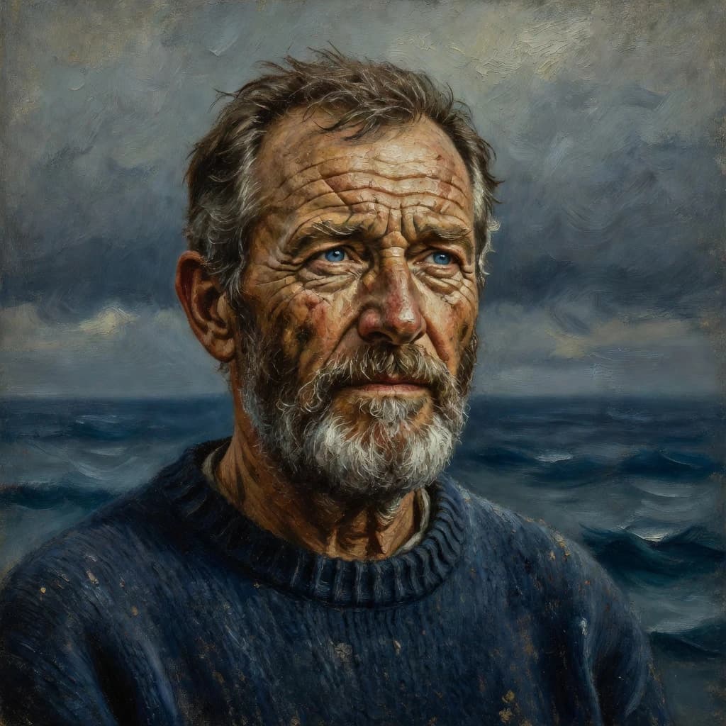 Oil on canvas portrait of an elderly sailor, weathered face, soft light.