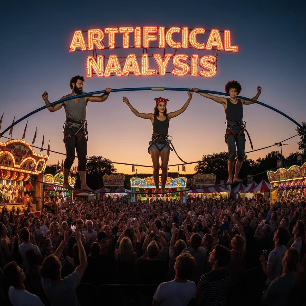 At dusk, high above a carnival crowd, three tightrope walkers balance on a single rope with no aids, one is off balance and grabbing at air. Below, the audience looks upward with baited anticipation. Artificial Analysis is spelled out in the background in carnival lights