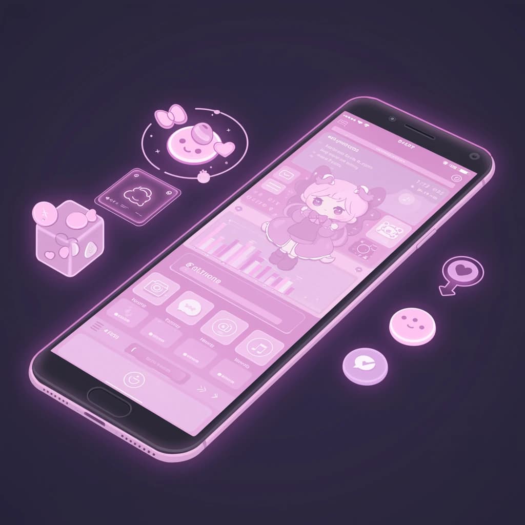 A chibi artist crafts a sleek mobile dashboard, neon pastel glow.