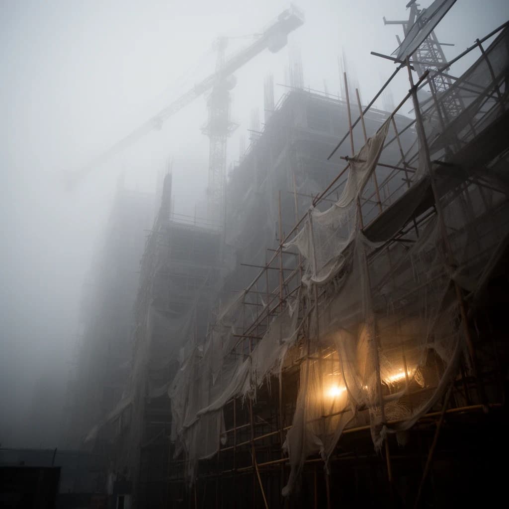 A construction site stretched upward into fog, cranes frozen in silhouette. Wind rattled scaffolding draped with torn mesh that glowed faintly from nearby billboards