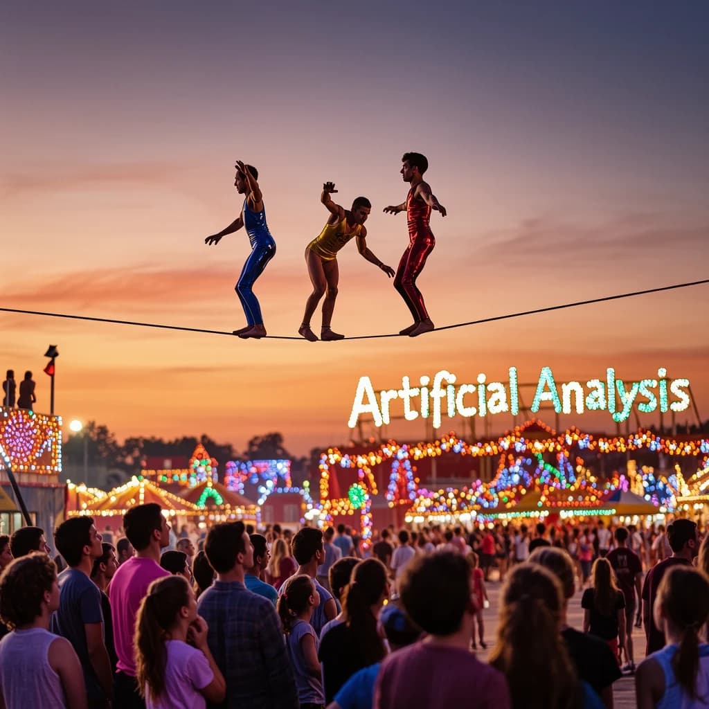 At dusk, high above a carnival crowd, three tightrope walkers balance on a single rope with no aids, one is off balance and grabbing at air. Below, the audience looks upward with baited anticipation. Artificial Analysis is spelled out in the background in carnival lights