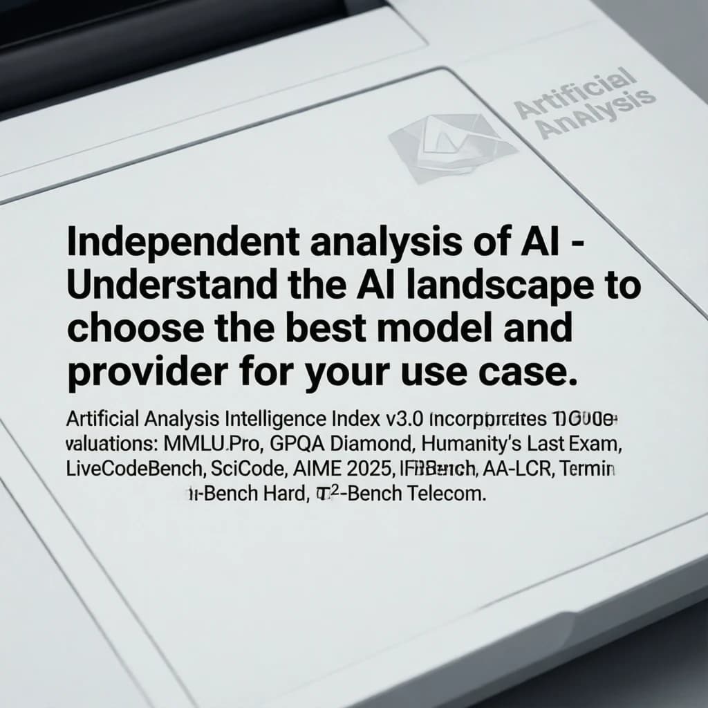 On a white dashboard with thin gray dividers, place a centered header in Helvetica Neue Bold, 20pt: “Independent analysis of AI - Understand the AI landscape to choose the best model and provider for your use case.” Directly beneath, a subheader in smaller Regular weight, 14pt: “Artificial Analysis Intelligence Index v3.0 incorporates 10 evaluations: MMLU-Pro, GPQA Diamond, Humanity's Last Exam, LiveCodeBench, SciCode, AIME 2025, IFBench, AA-LCR, Terminal-Bench Hard, 𝜏²-Bench Telecom.” The header is fully justified but the subheader is left-aligned. In the upper right corner, the Artificial Analysis logo appears watermarked, diagonal, faint gray, partially overlapping the scrollbar.