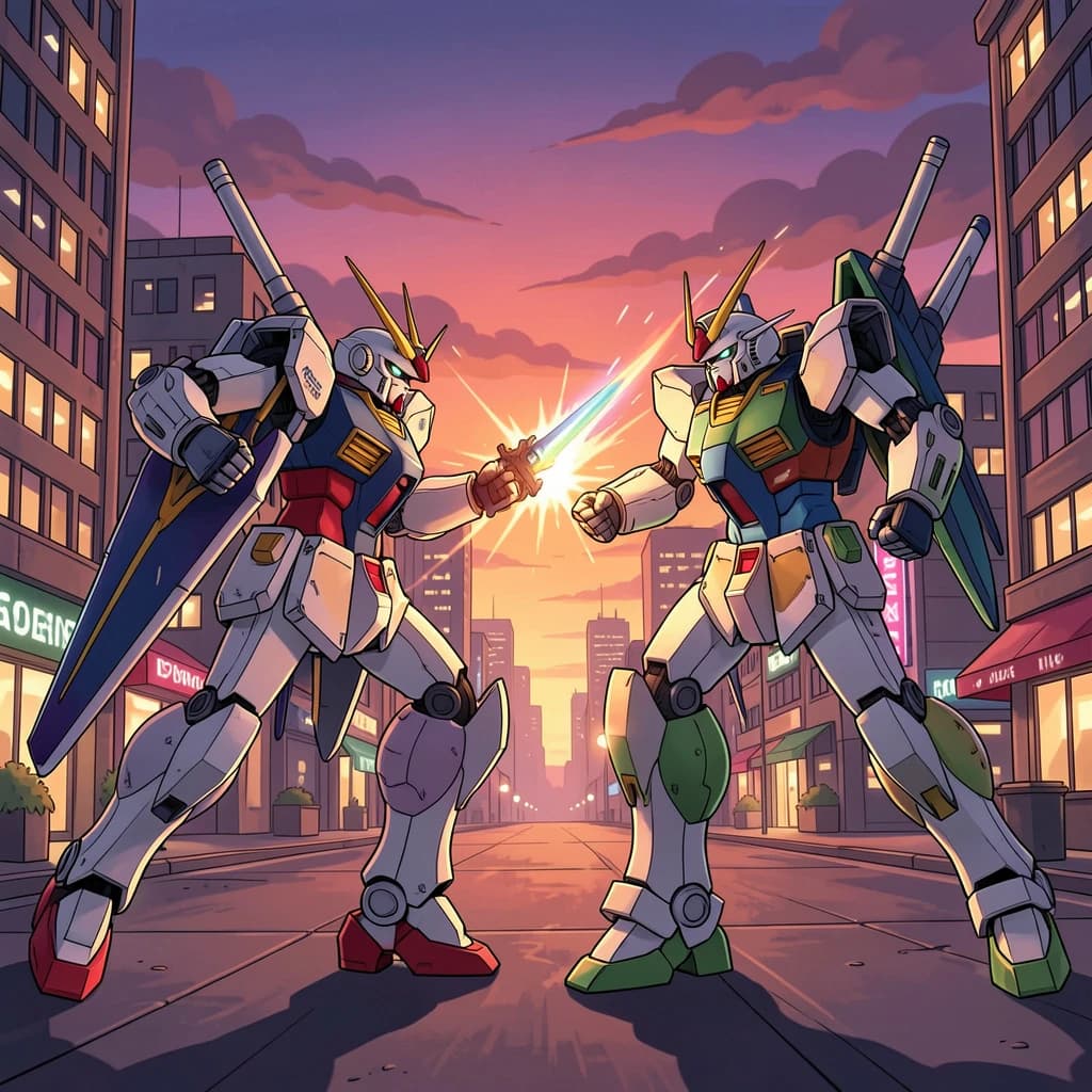 Make a cel-shaded mecha duel at dusk downtown.