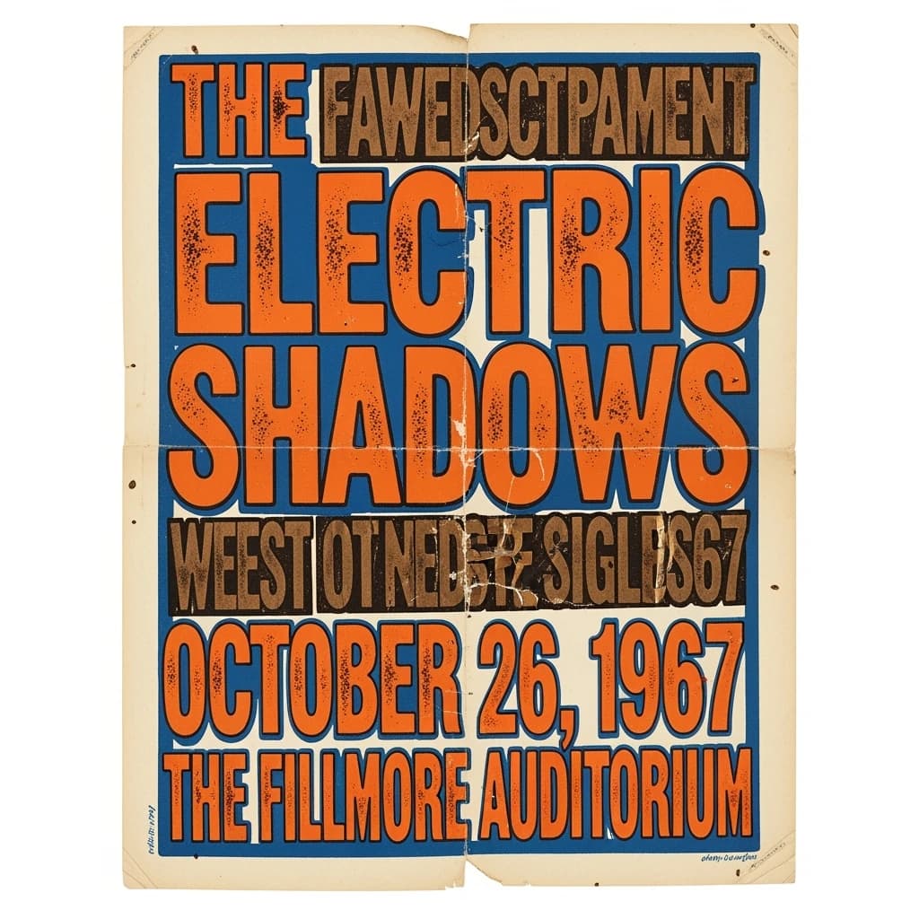 Make a 1960s concert poster featuring bold wood type, misaligned ink, creases.
