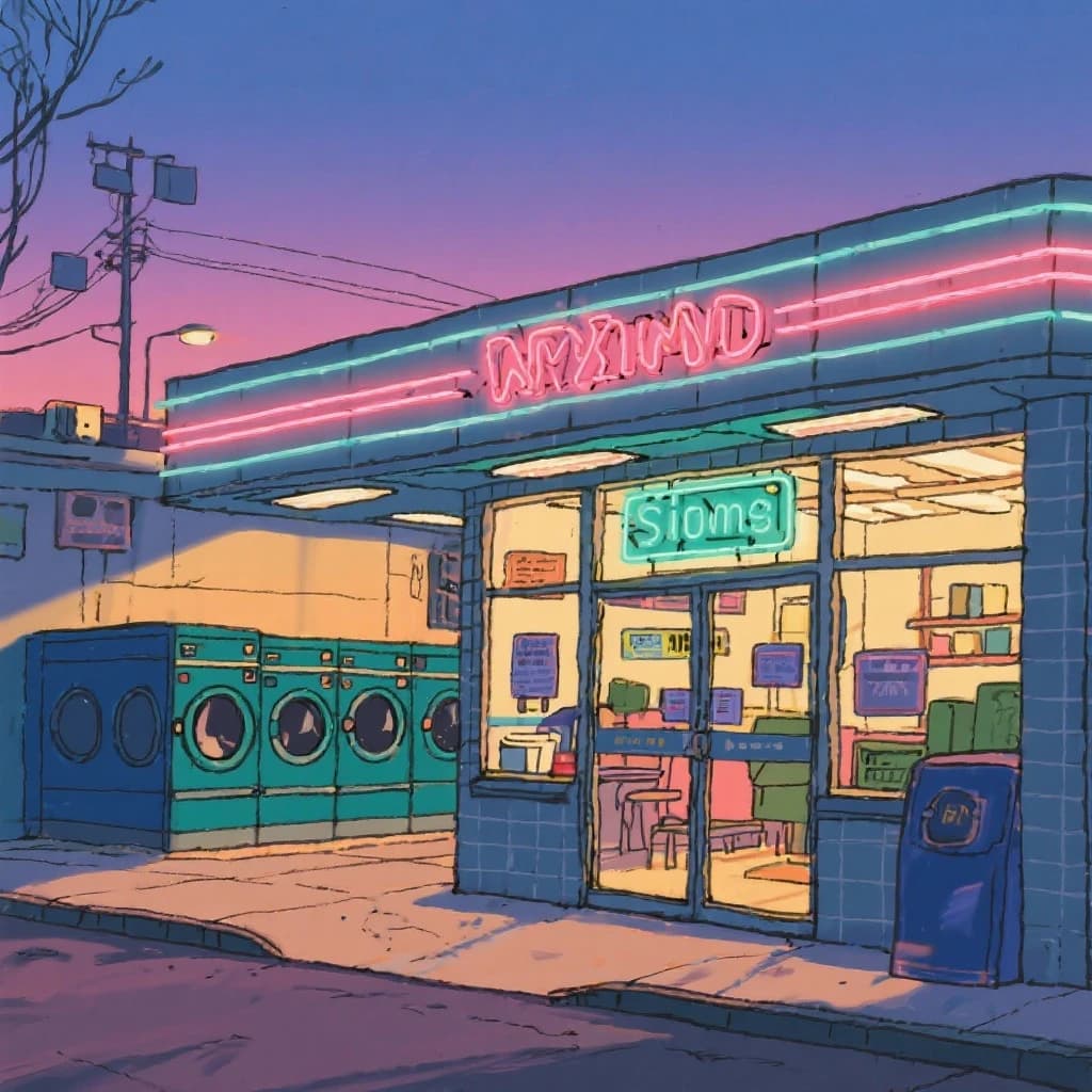 A cozy laundromat at dusk, neon humming, flat colors, bold inked lines.