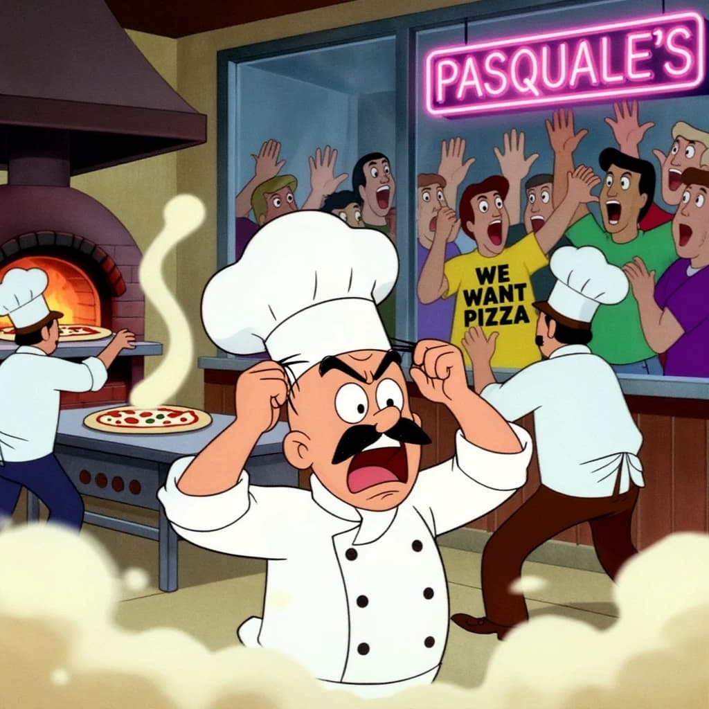Pasquale is pulling his few remaining hairs out over a disaster at the pizzeria - the cooks are working as fast as they can but the crowds outside are swelling and they demand hot hot pizza! They are banging on the glass and some are wearing "we want pizza" shirts. 1980s western TV animation style.
