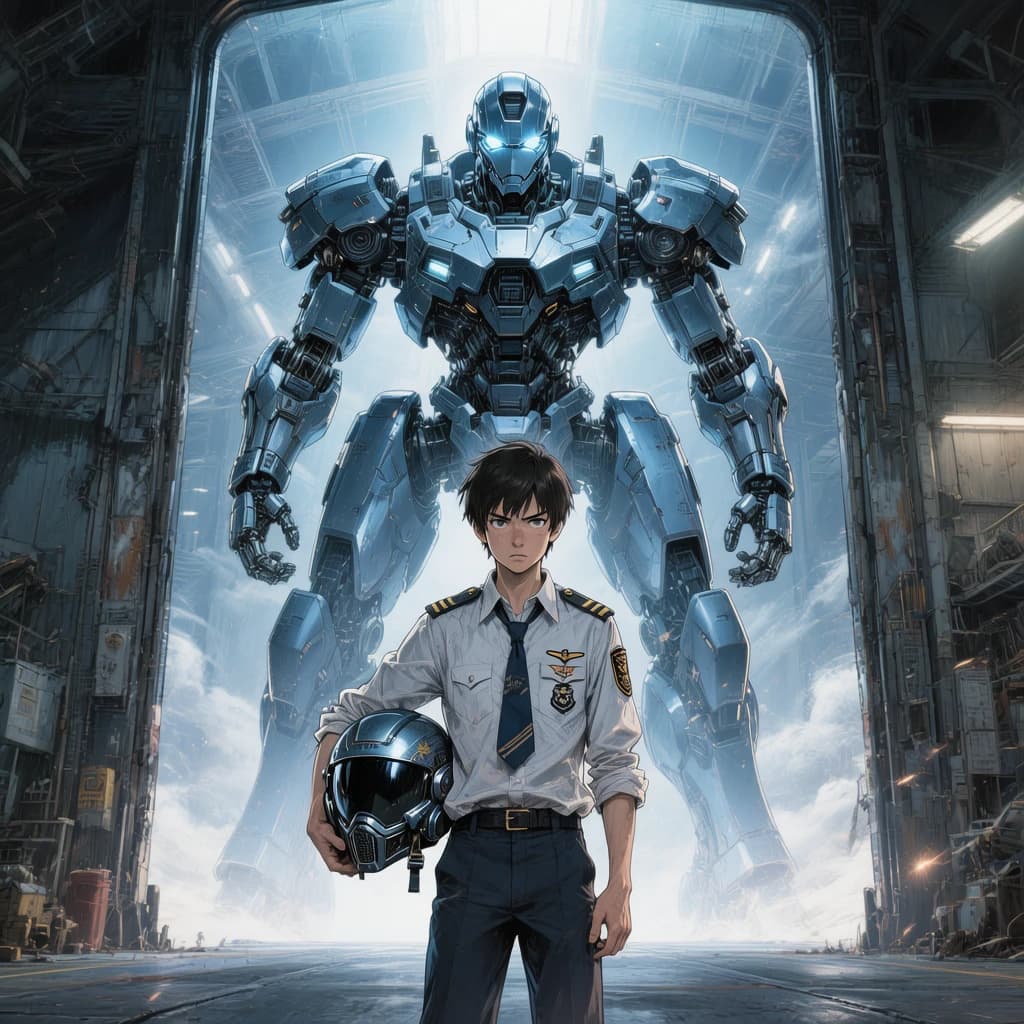 A teenage pilot grips his helmet under one arm, standing at the edge of a glowing hangar bay. Before him looms a sleek, steel-blue mech, its eyes lit with a cold electric glare. His school uniform is rumpled, a sharp contrast to the machine’s flawless plating. The vast scale engulfs him in shadow, emphasizing both awe and dread. Hand-drawn anime style.